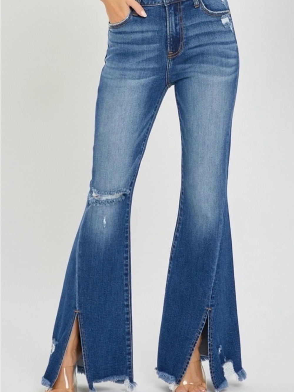 RISEN High Rise Front Slit Frayed Hem Flared Leg Blue Wash Denim Jeans
